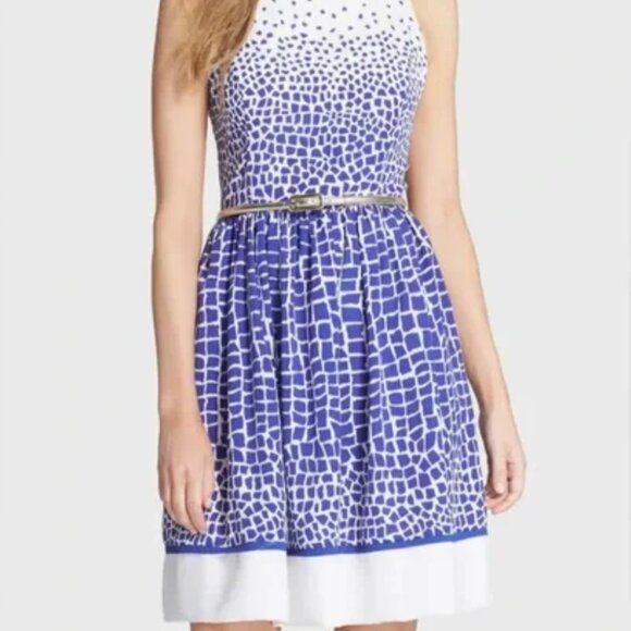 NWT Eliza J Missy Sleeveless Belt Fit+Flare Blue White Midi Dress MSRP $138 Size - Picture 2 of 11